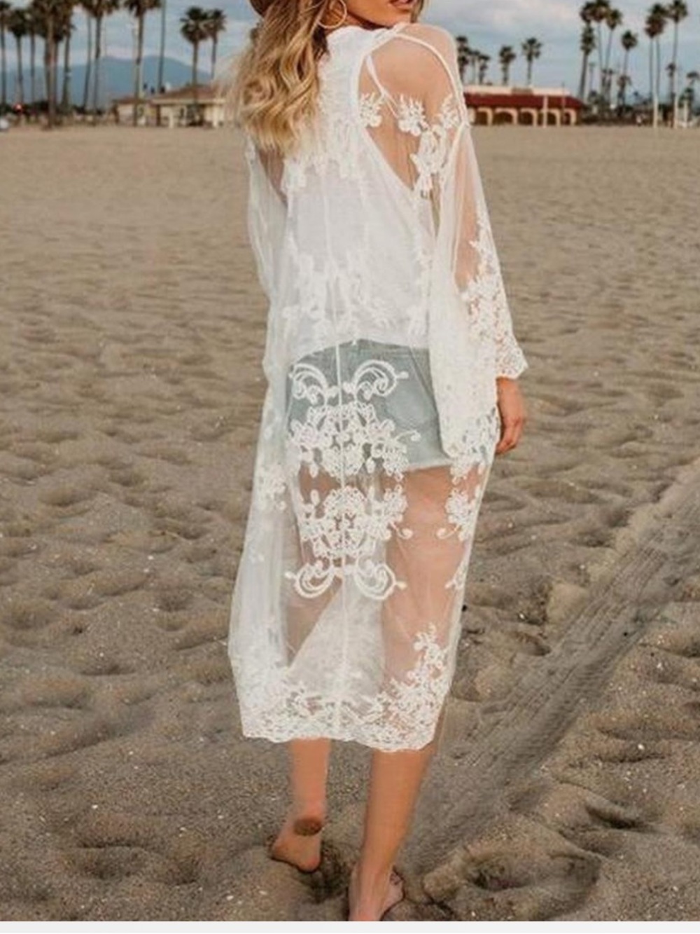 White Sheer Beach Cover-Up cardigan features delicate embroidered floral lace